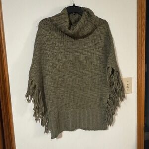 Chico's Olive Green‎ Knit Poncho Cowl Neck Fringe Boho Cozy Women's Size S